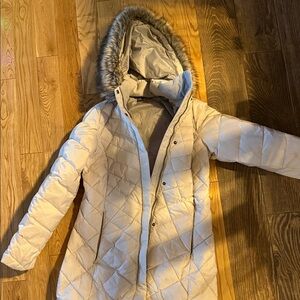 Eddie Bauer Cream Puffer Jacket with Faux Fur Hood